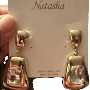 Natasha Couture Gold Drop Earrings with Clear Stone